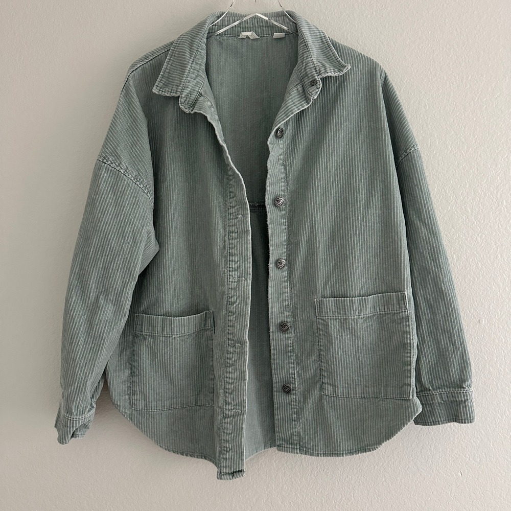 Roxy Corduroy Shirt Jacket Women M Sage Green Button Heart Shacket